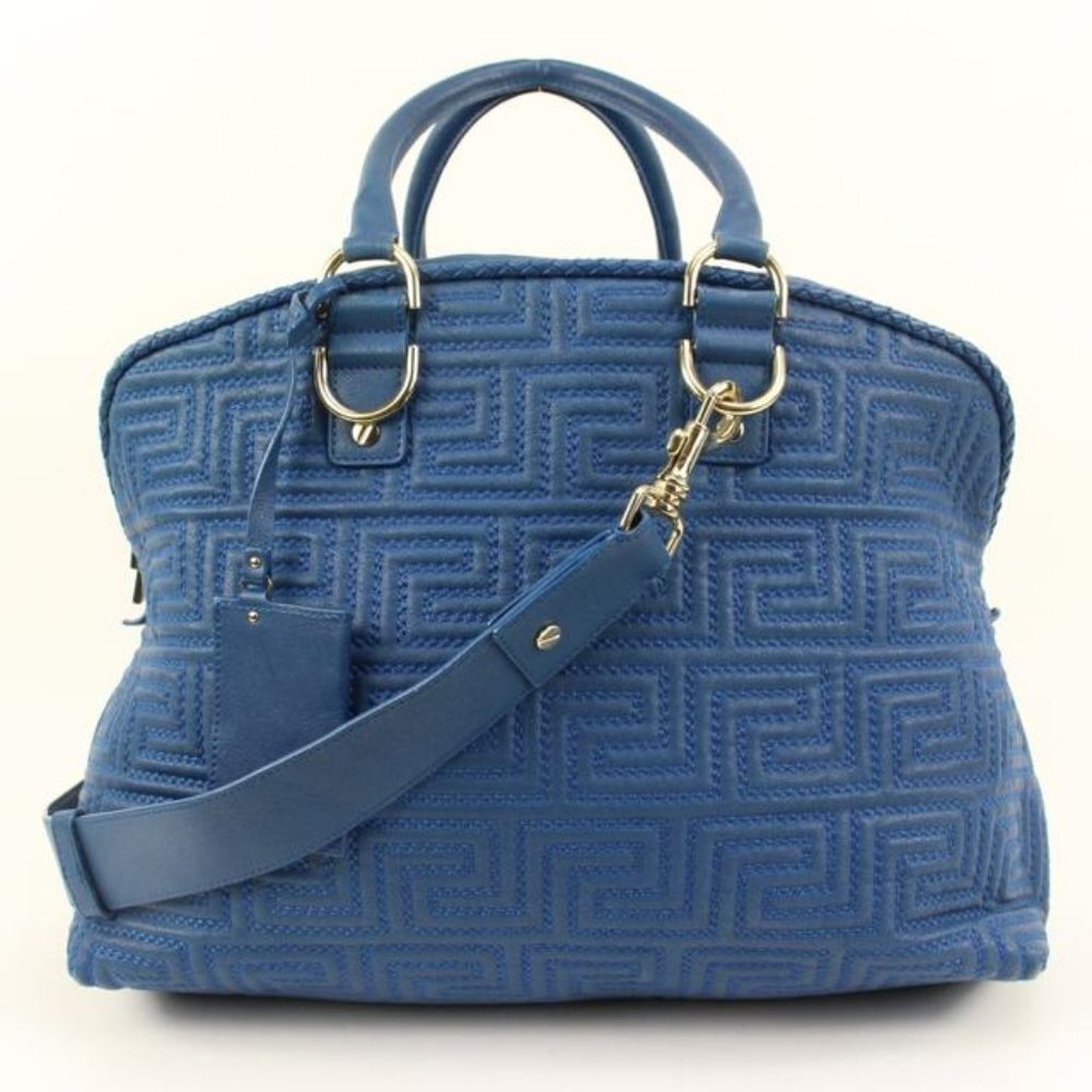 Versace Couture Blue Quilted Leather Athena Vanitas 2way Dome Satchel 5v34s